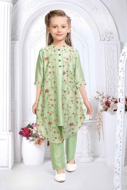 Pista Green Sequins Embroidered Set For Girls