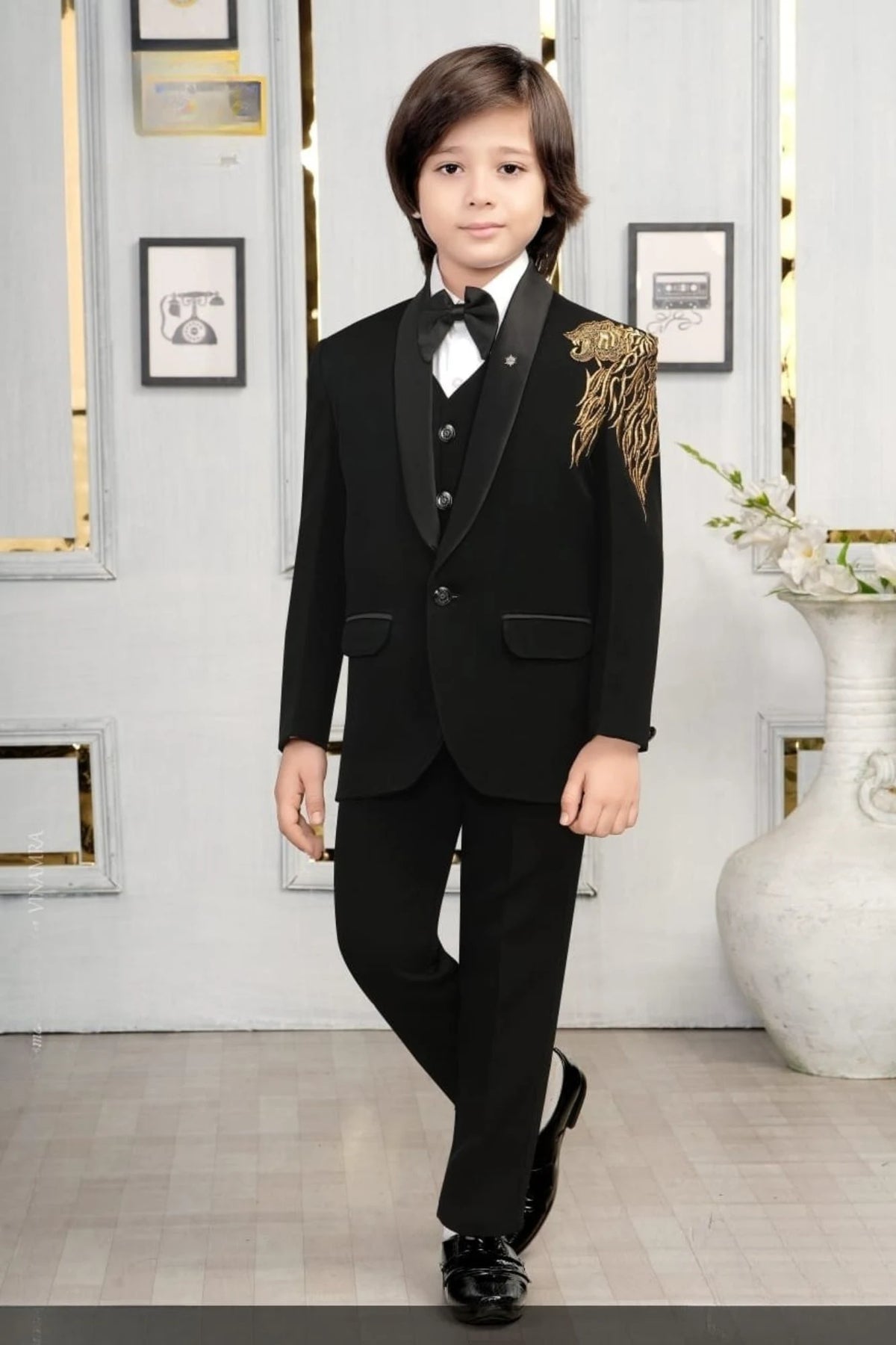 Designer Black Suit with Gold Thread Embroidery And Satin Lapel For Boys
