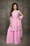 Pink Sleeveless And Mirror Work With Sequins Embroidery Top And Palazzo Set For Girls