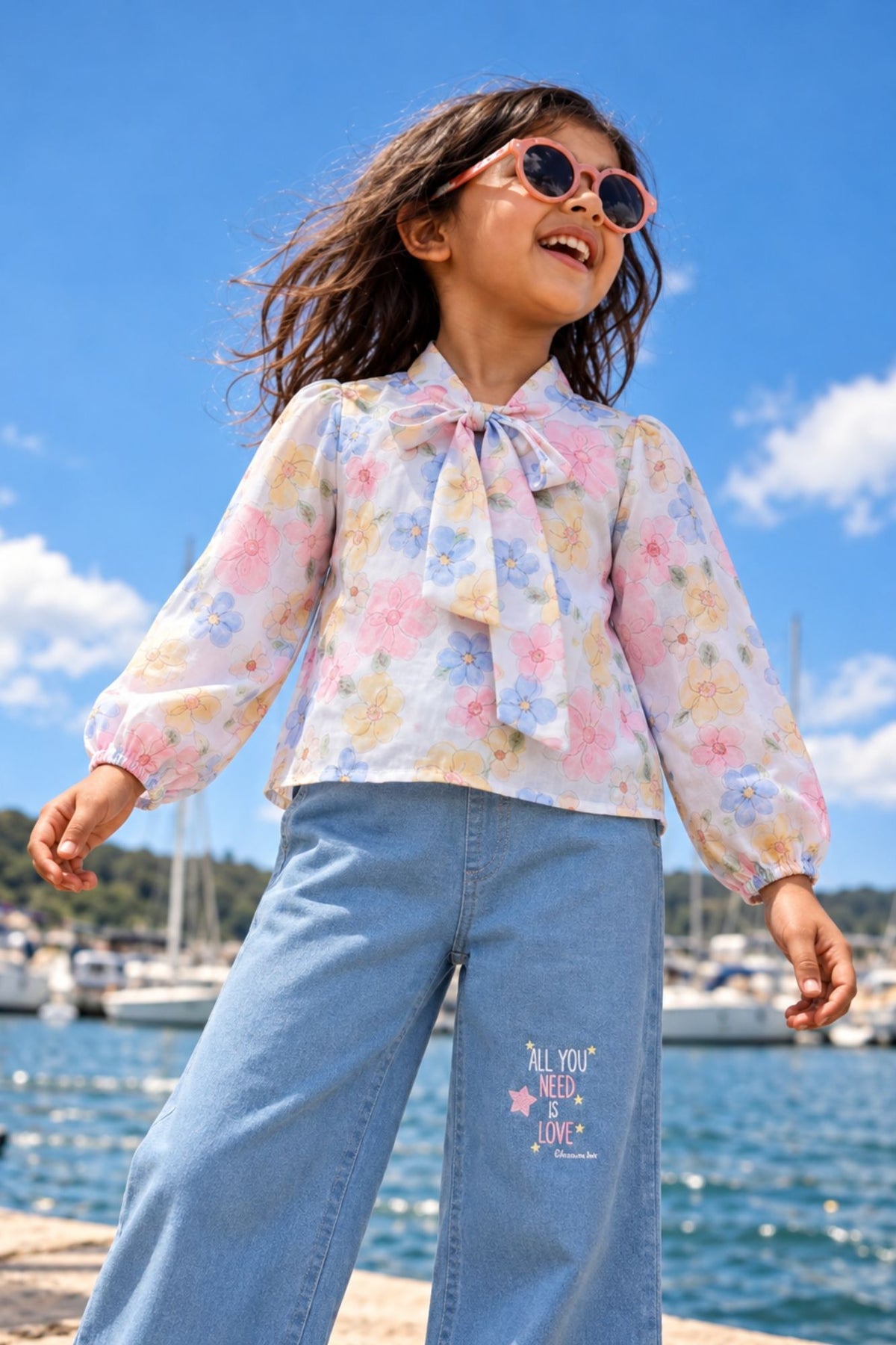 Floral Top with Wide-Leg Denim Jeans Set For Girls