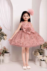 Peach Sleeveless And Floral Embellished Frock For Girls