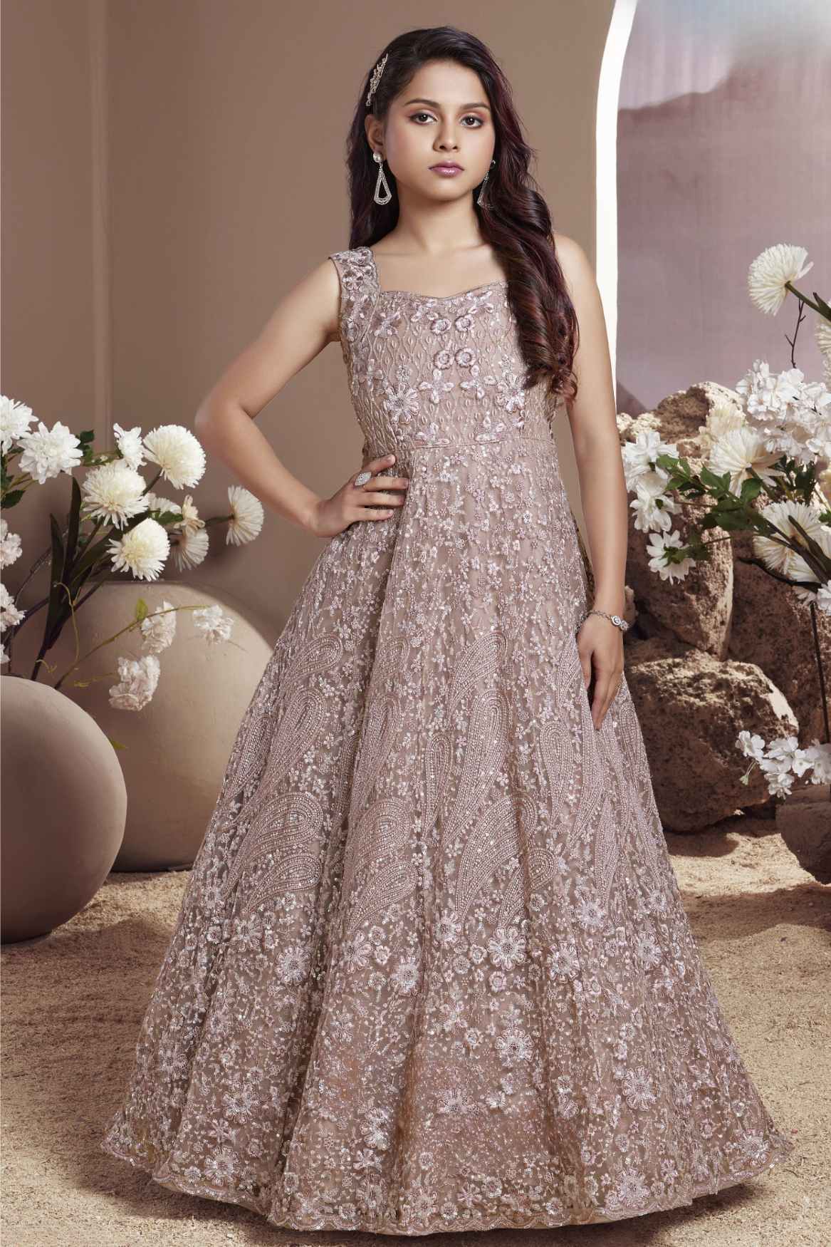 Rose Gold Beige Embroidered Party Wear Gown With Sequin Work For Girls