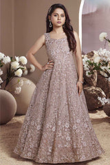 Rose Gold Beige Embroidered Party Wear Gown With Sequin Work For Girls