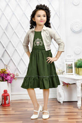 Green Embroidered Dress With Overcoat For Girls