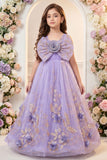 Purple Ball Gown with Oversized Rosette Bow And 3D Floral Applique For Girls