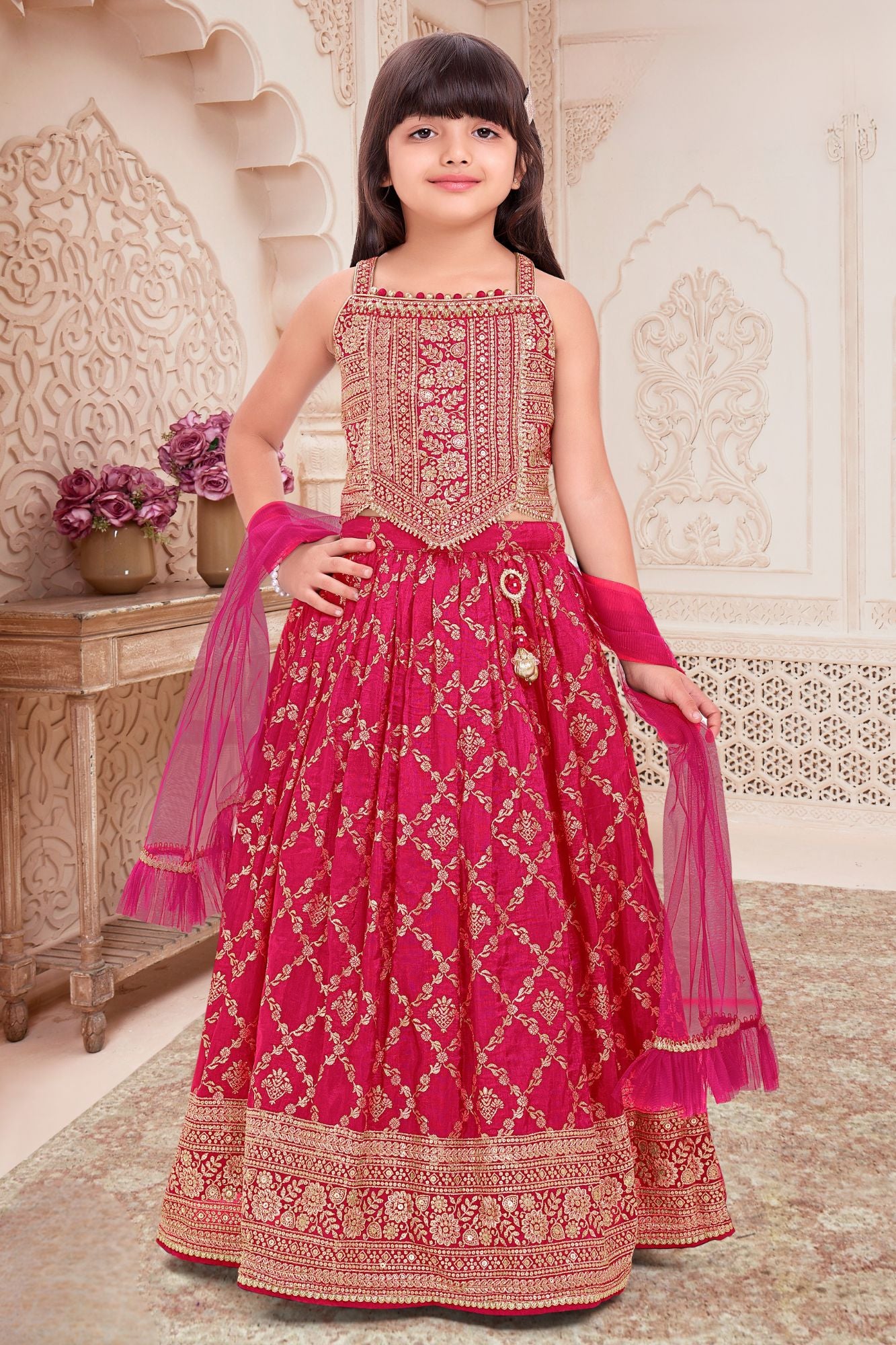 Girls Rani Pink Embroidered Lehenga Choli Set with Dupatta