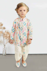 Cream Printed And Mirror Work Kurta With Dhoti Set For Boys