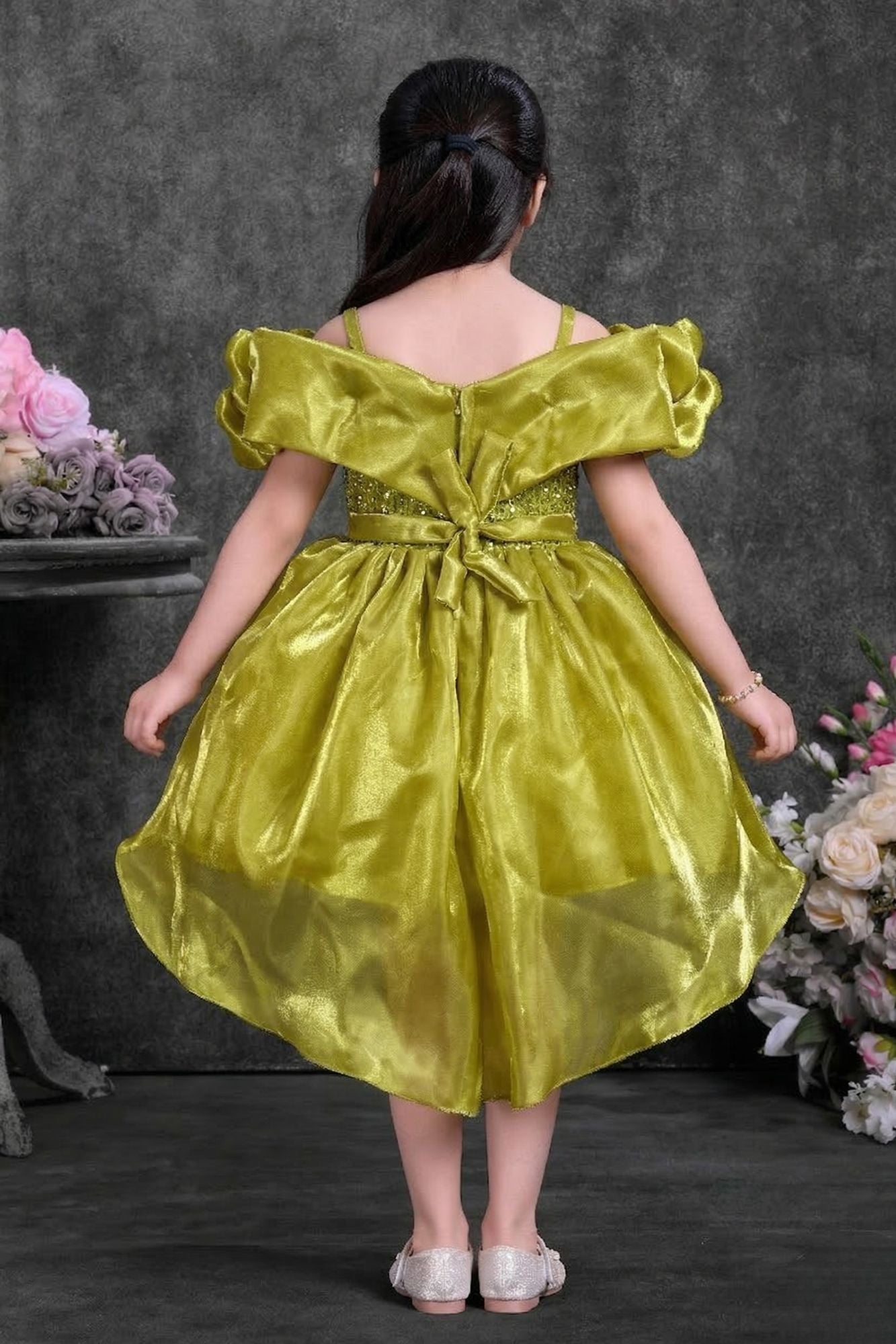 Olive Green High-Low Party Wear Frock with Ruffle Neckline For Girls
