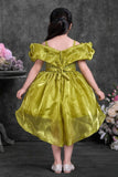 Olive Green High-Low Party Wear Frock with Ruffle Neckline For Girls