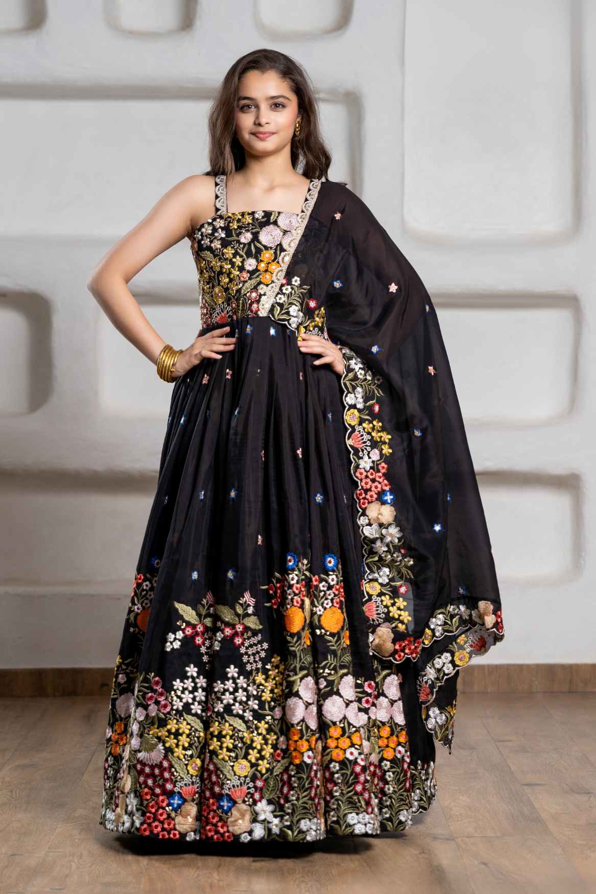 Elegant Black Thread Embroidered And Bead Work Ethnic Gown For Girls