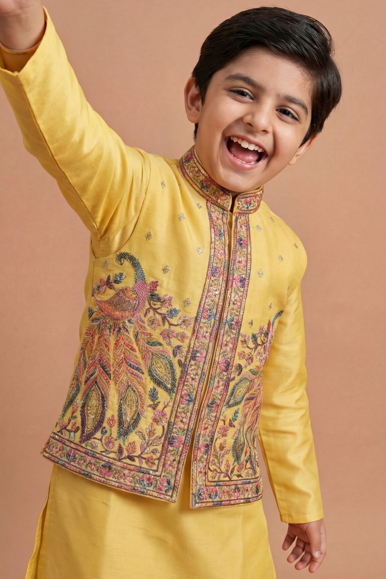 Mustard Yellow Embroidered Kurta Set with Nehru Jacket For Boys