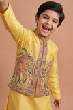 Mustard Yellow Embroidered Kurta Set with Nehru Jacket For Boys