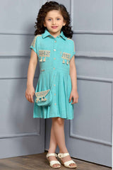 Blue Thread Work Casual Dress With Sling Bag For Girls