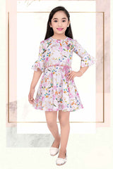 Pink 3/4th Bell Sleeves And Floral Printed Frock For Girls