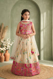 Girls Cream and Rani Pink Printed Lehenga Choli Set with Dupatta
