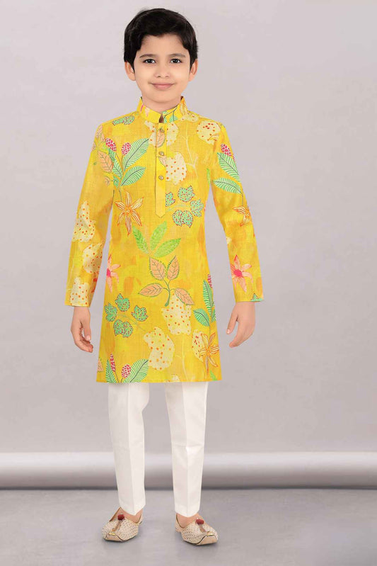 Yellow Full Sleeve And Floral Printed Kurta Set For Boys