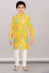 Yellow Full Sleeve And Floral Printed Kurta Set For Boys