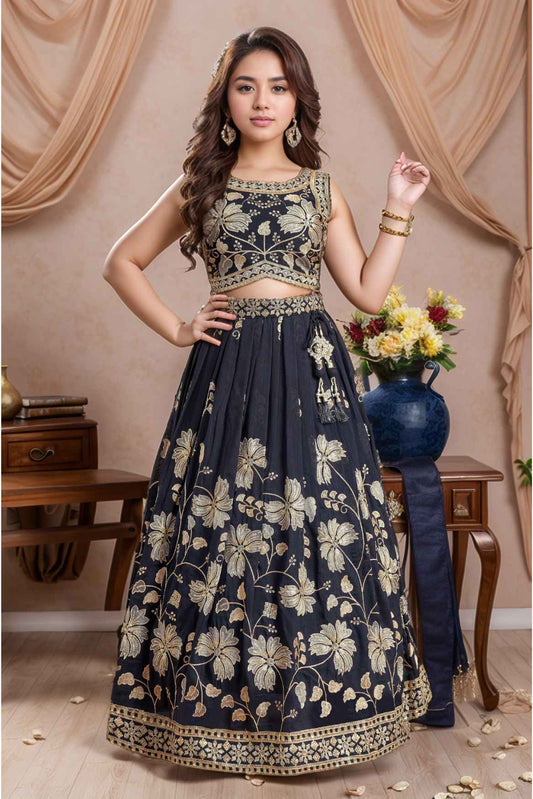 Navy Blue Sequin Work And Zari Embroidery Lehenga Choli Set For Girls