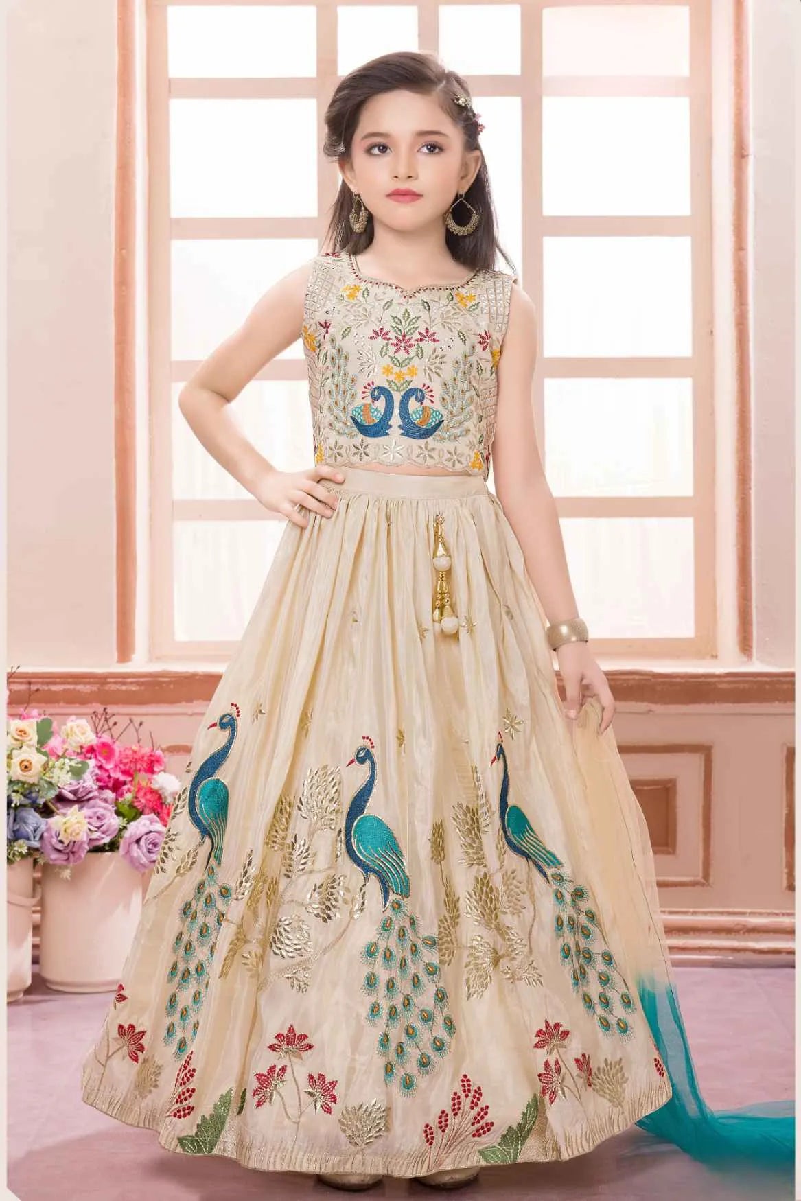 Cream Lehenga Choli Set With Peacock Embroidery And Dupatta For Girls