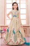 Cream Lehenga Choli Set With Peacock Embroidery And Dupatta For Girls