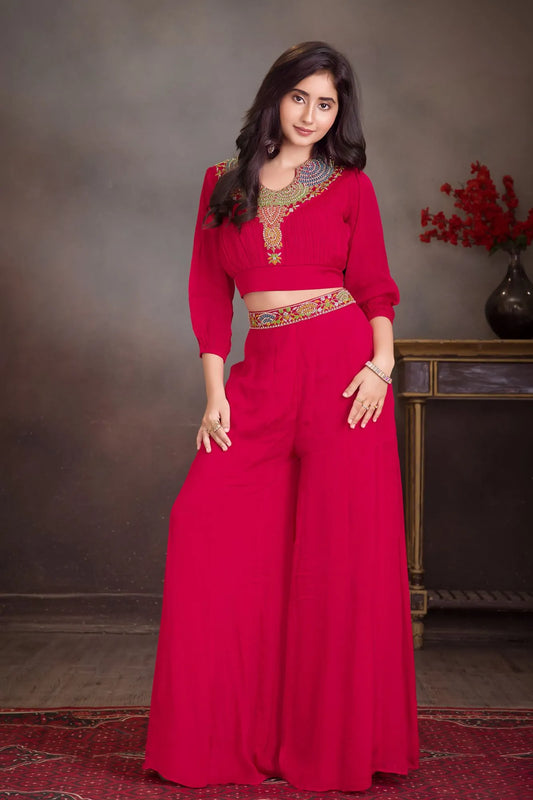 Designer Red Palazzo Set With Multicolor Thread Embroidery for Girls