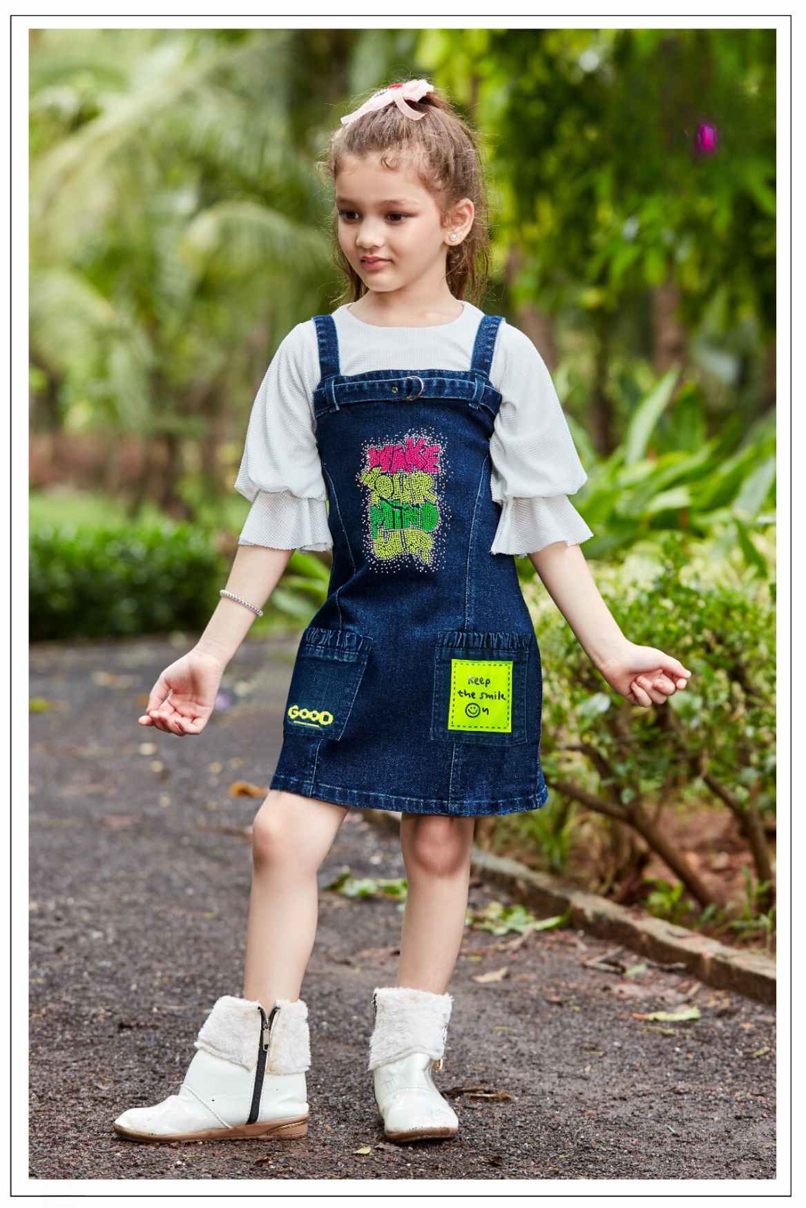 Denim Printed Dungaree Skirt With White 3/4 Sleeves T Shirt For Girls