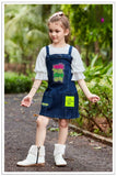 Denim Printed Dungaree Skirt With White 3/4 Sleeves T Shirt For Girls