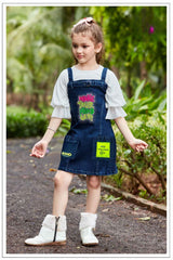 Denim Printed Dungri Skirt With White 3/4 Sleeves T Shirt For Girls