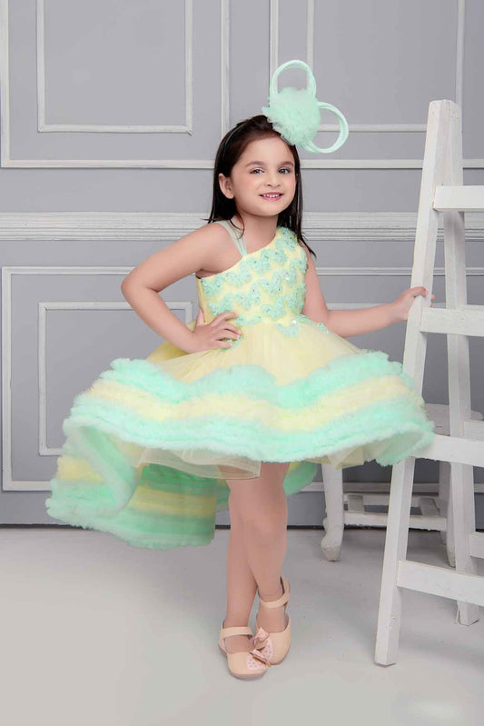 Designer Yellow And Green Frock With Butterfly Embellishments For Girls