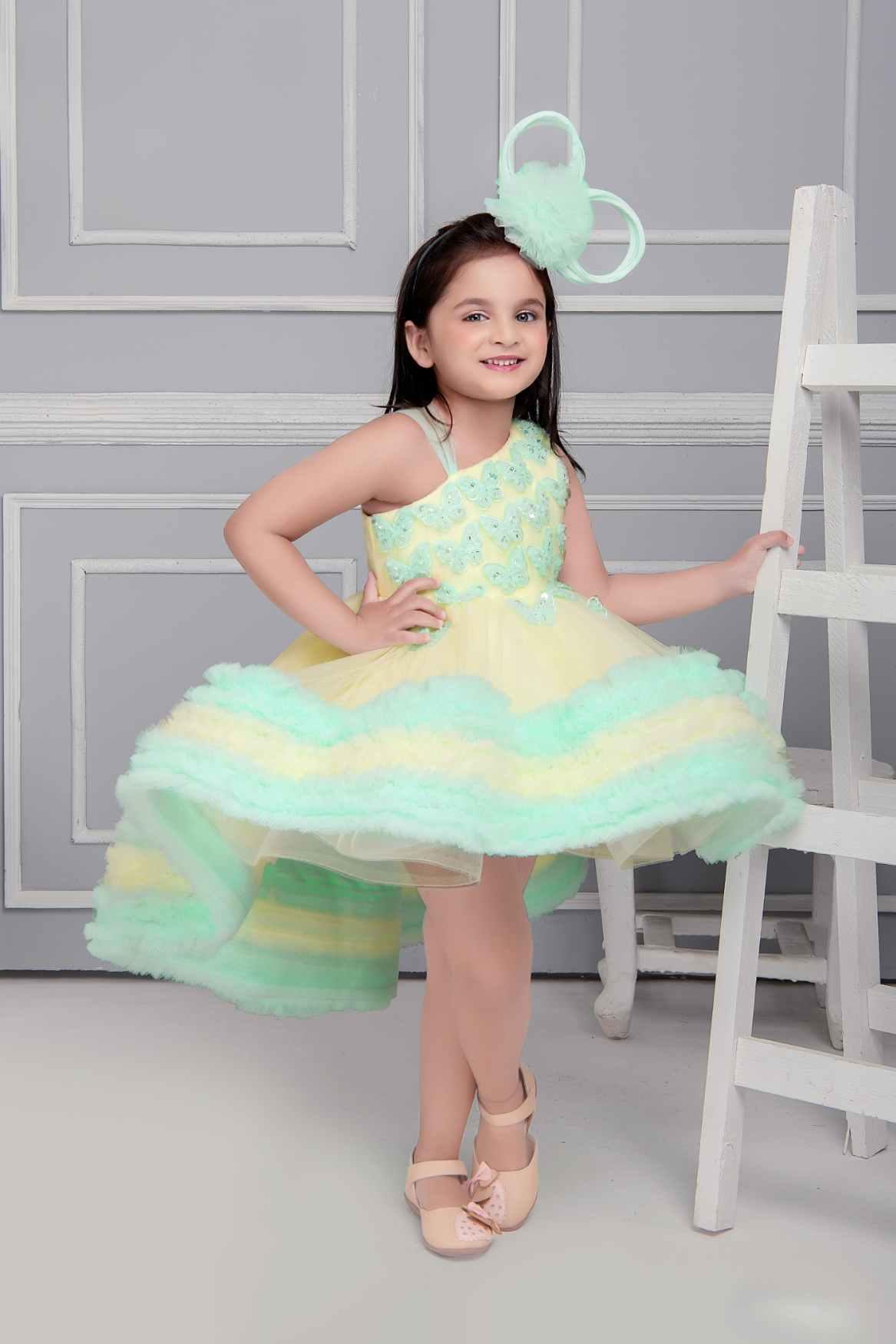 Designer Net Yellow And Green Frock With Butterfly Embellishments For Girls - Lagorii Kids