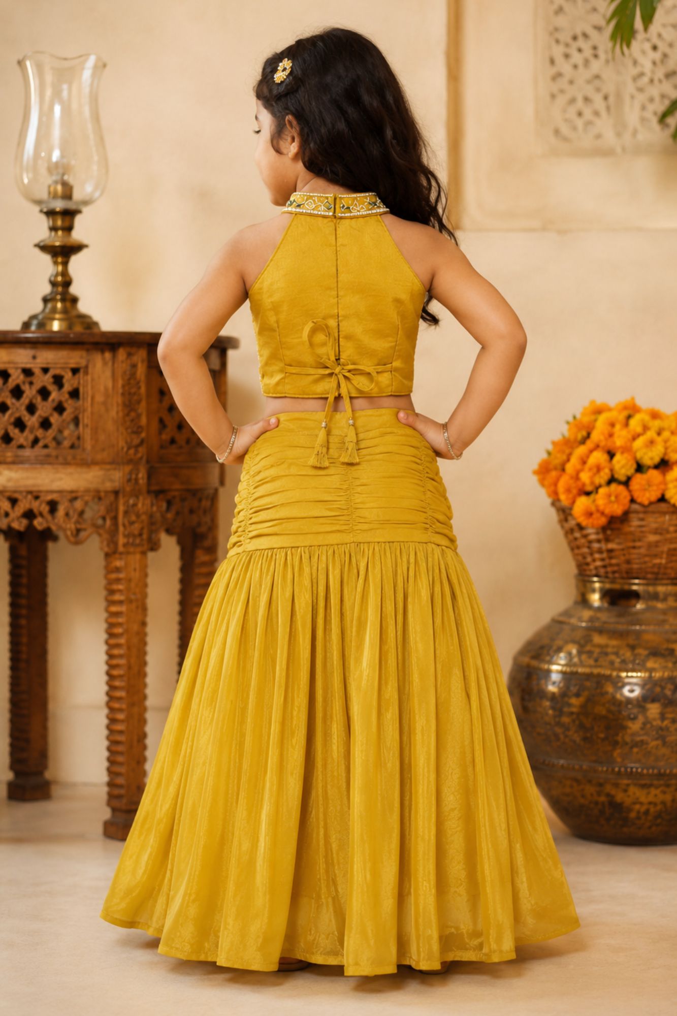 Girls Yellow Embroidered Halter Neck Choli Set with Dupatta