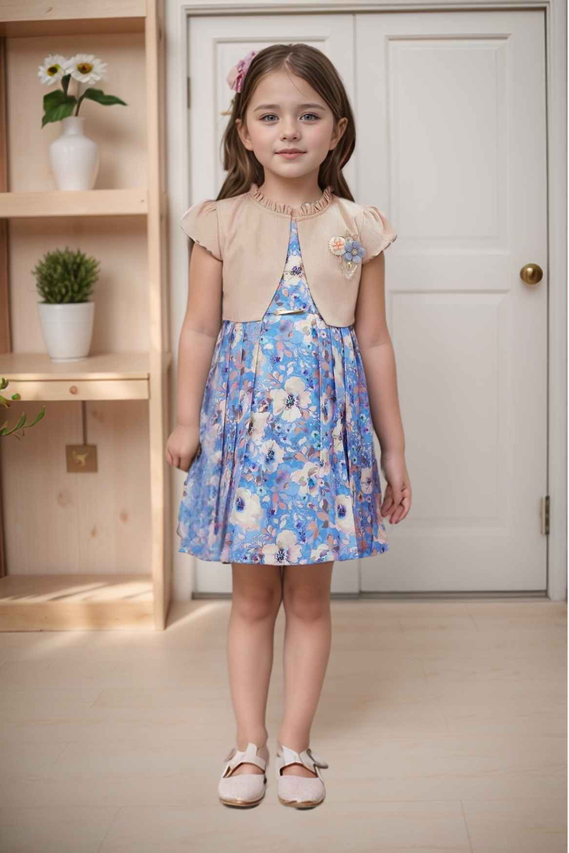 Blue Floral Printed With Fawn Overcoat With Floral Embellished Dress For Girls