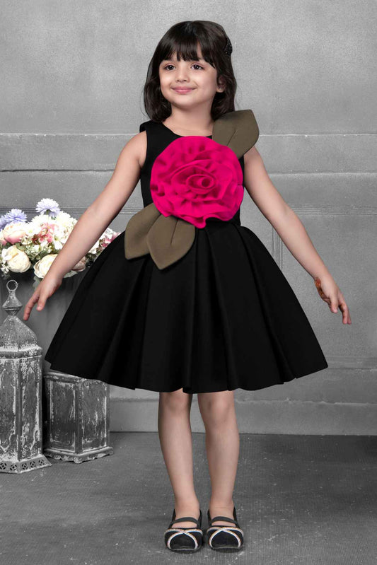 Elegant Black Frock With Floral Embellished For Girls