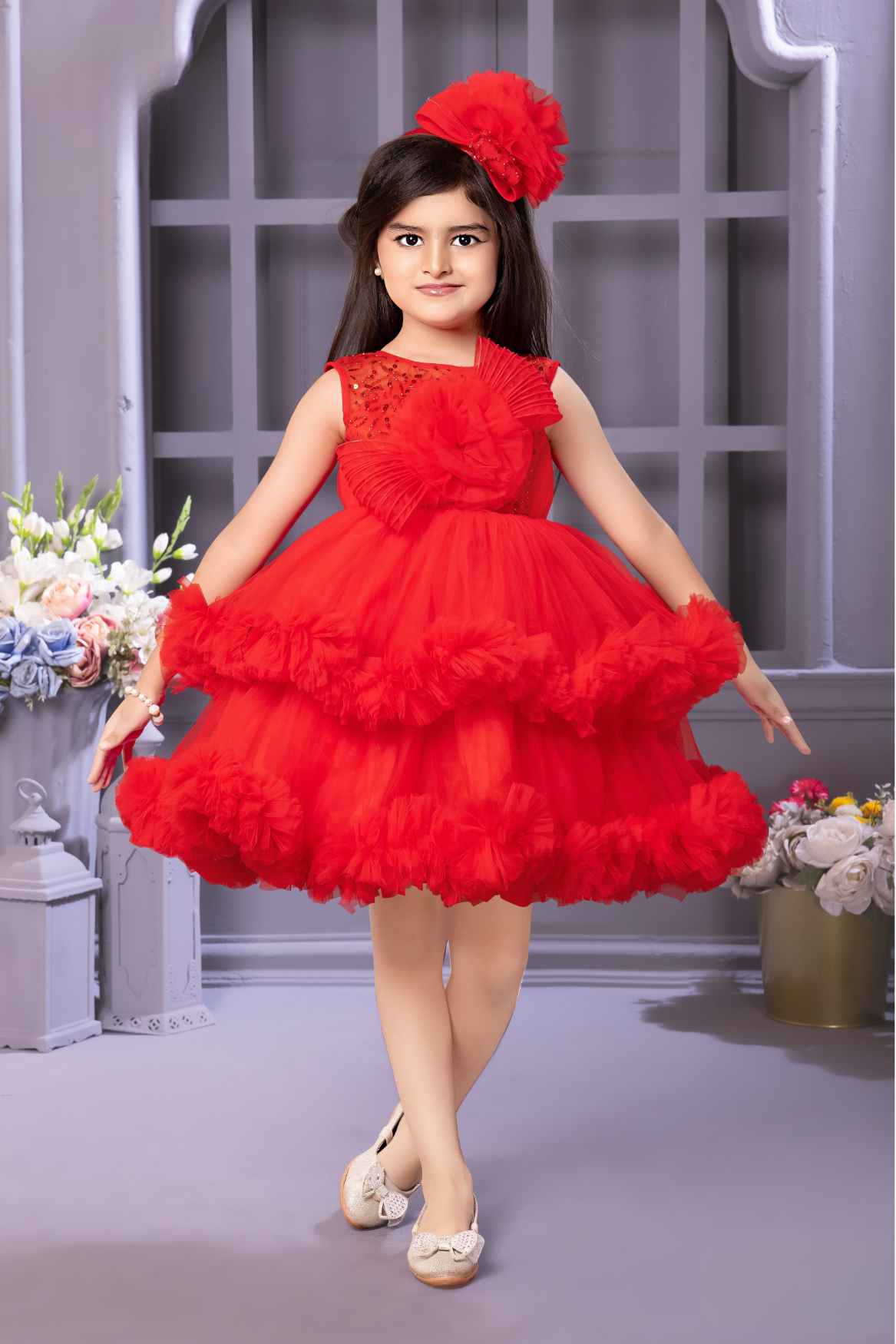 Red Ruffled Flower Party Frock For Girls