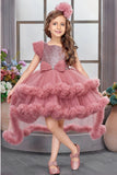 Dusty Pink Sequin High-Low Party Dress with Layered Ruffle Hem For Girls
