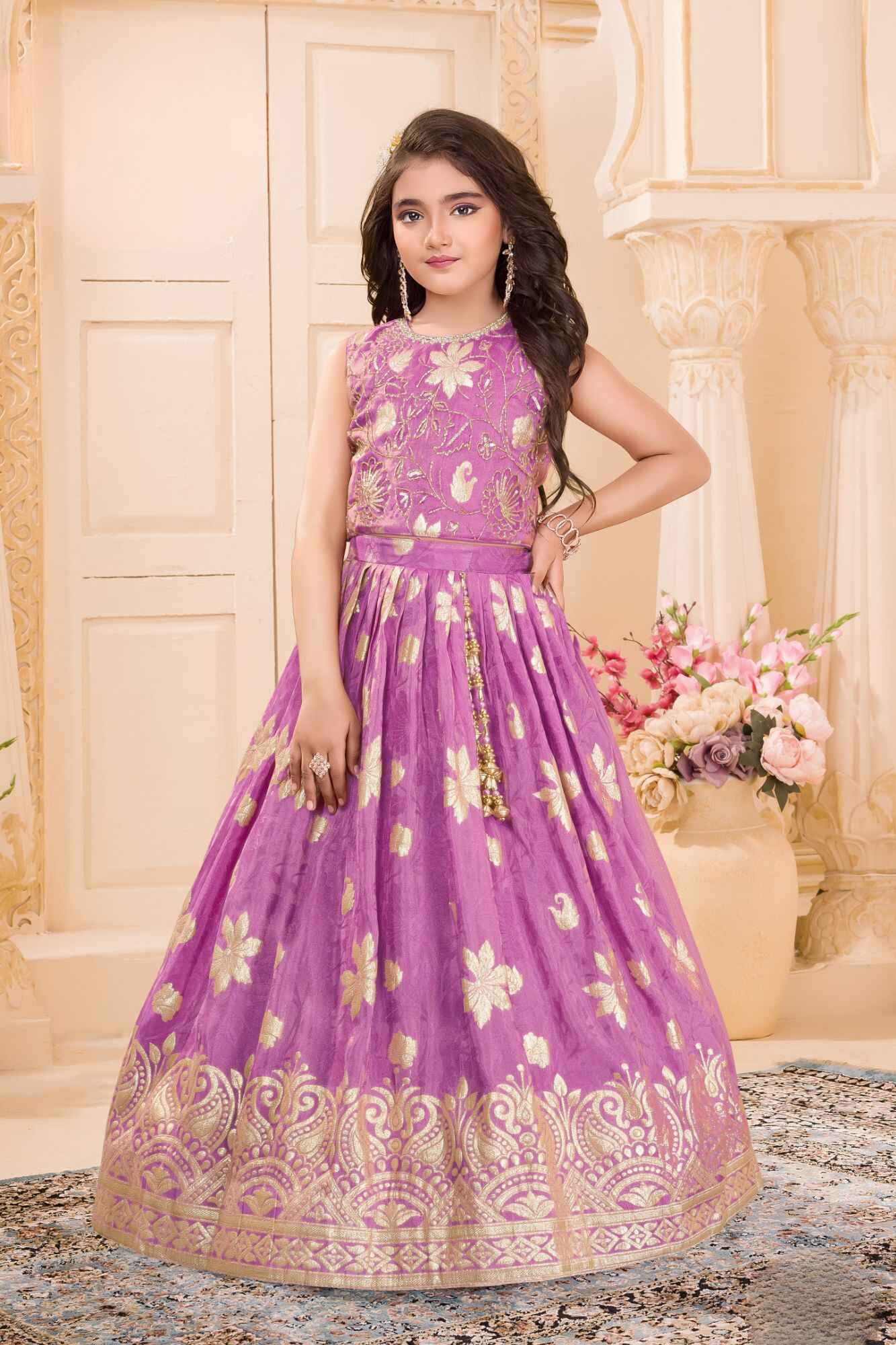 Lavender Silk Lehenga Choli with Gold Zari Motifs For Girls