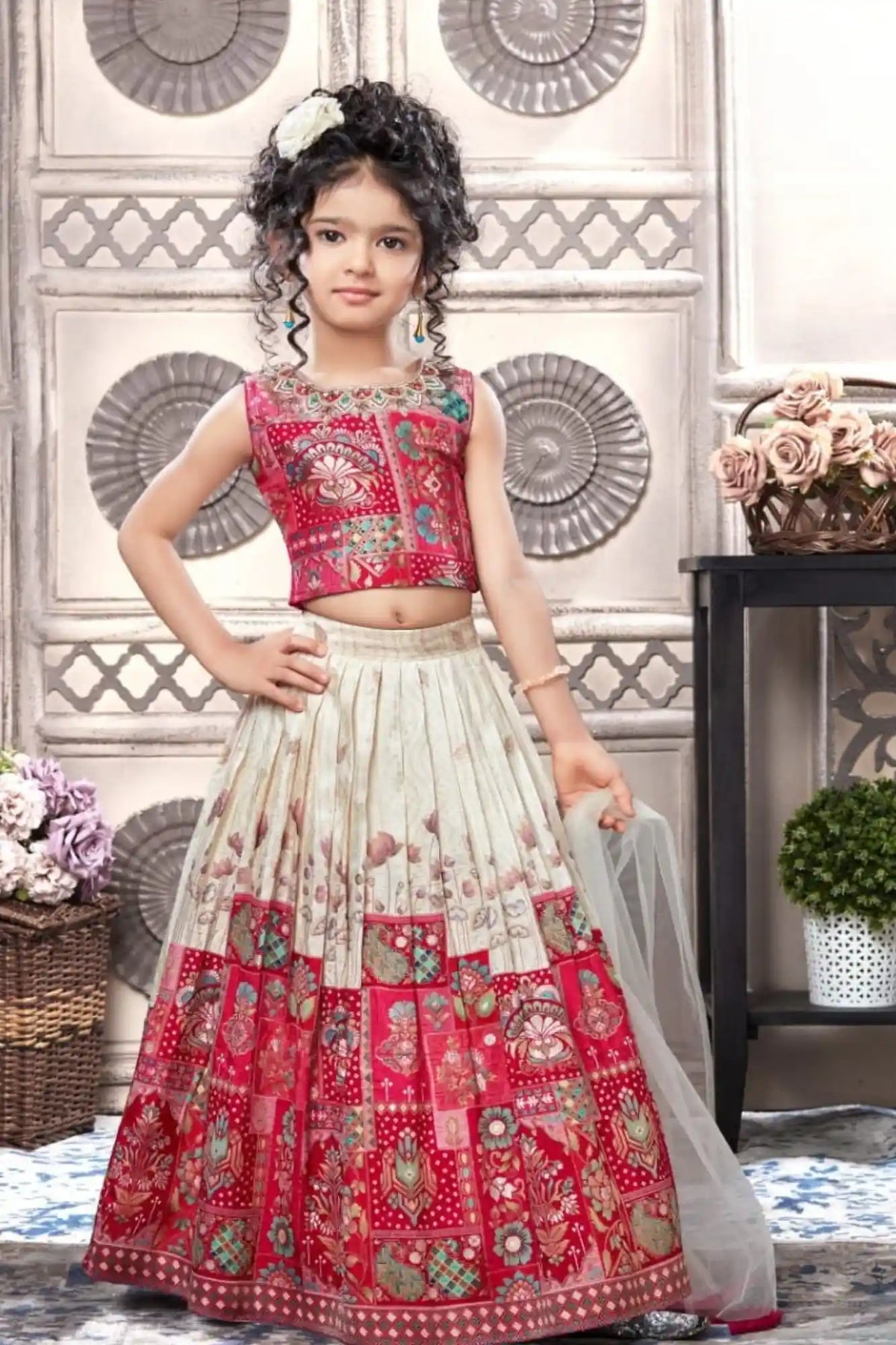 Traditional Red Printed Pattu Pavadai For Girls