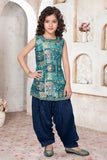 Teal Blue Brocade Kurta With Patiala Bottom For Girls