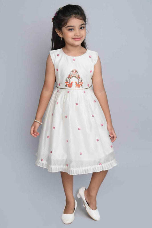 Off White Sleeveless Chanderi Silk Embroidered Frock For Girls