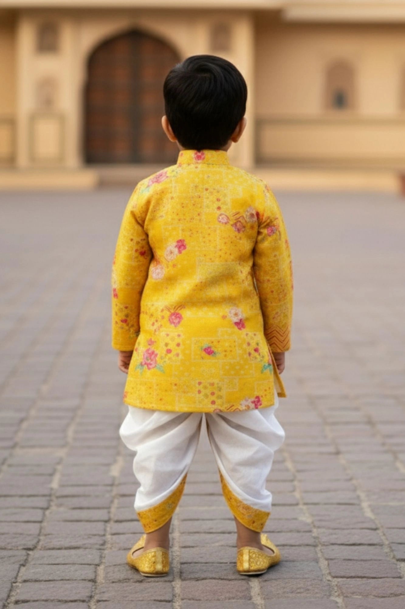Yellow Floral Printed Kurta Dhoti Set for Boys