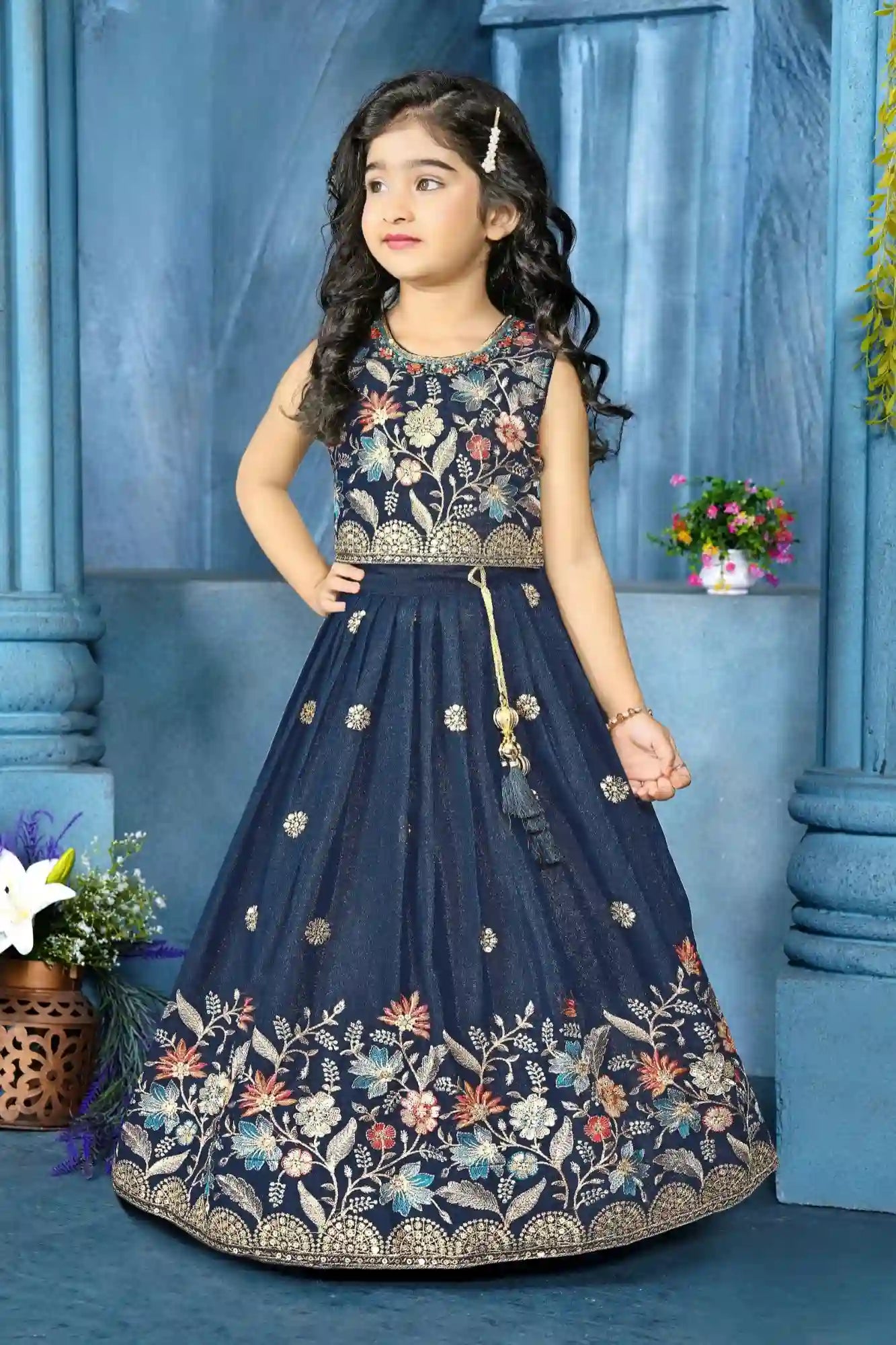 Navy Blue Floral Embroidered Lehenga Choli Set For Girls