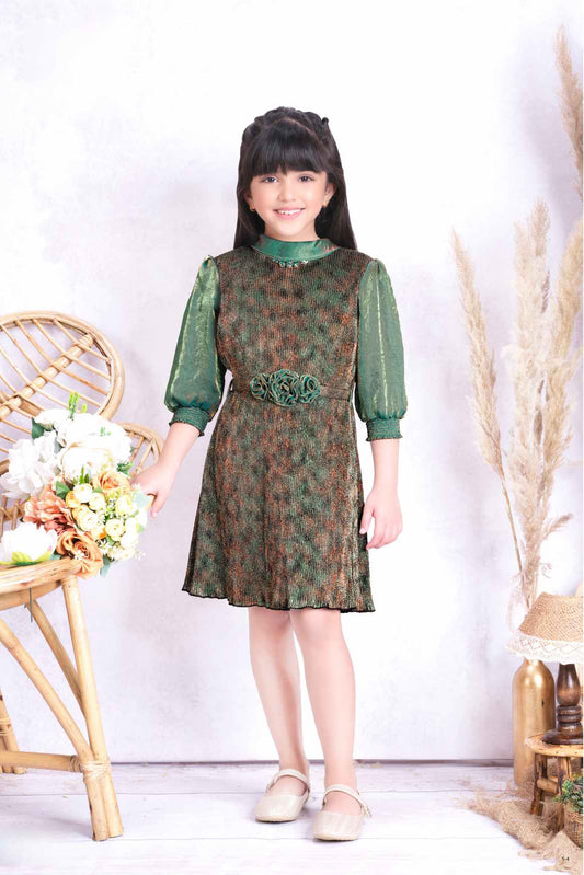 Stylish Green Puffed Sleeves Dress With Floral Embellished For Girls