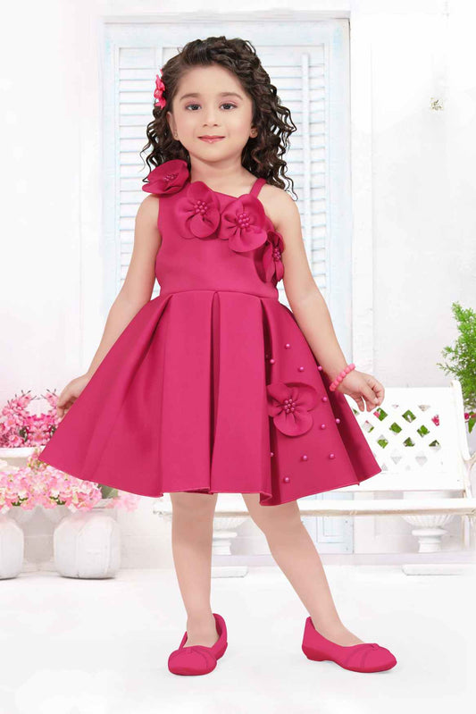 Rani Pink Sleeveless And Floral Embellished Frock For Girls