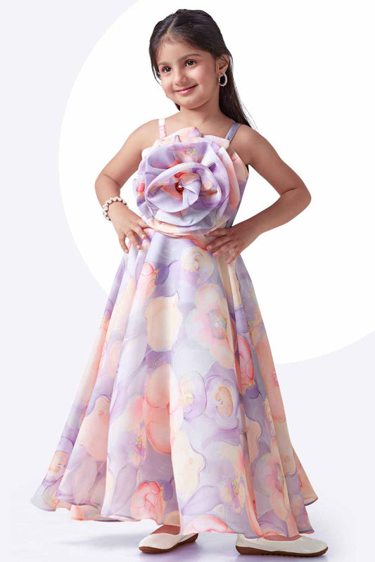 Trendy Purple Floral Embellished And Printed Gown For Girls