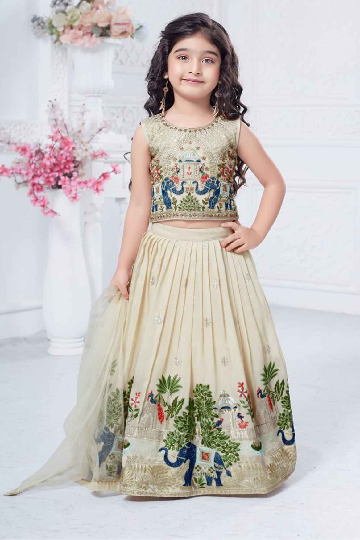 Cream Thread Embroidered Lehenga Choli Set For Girls