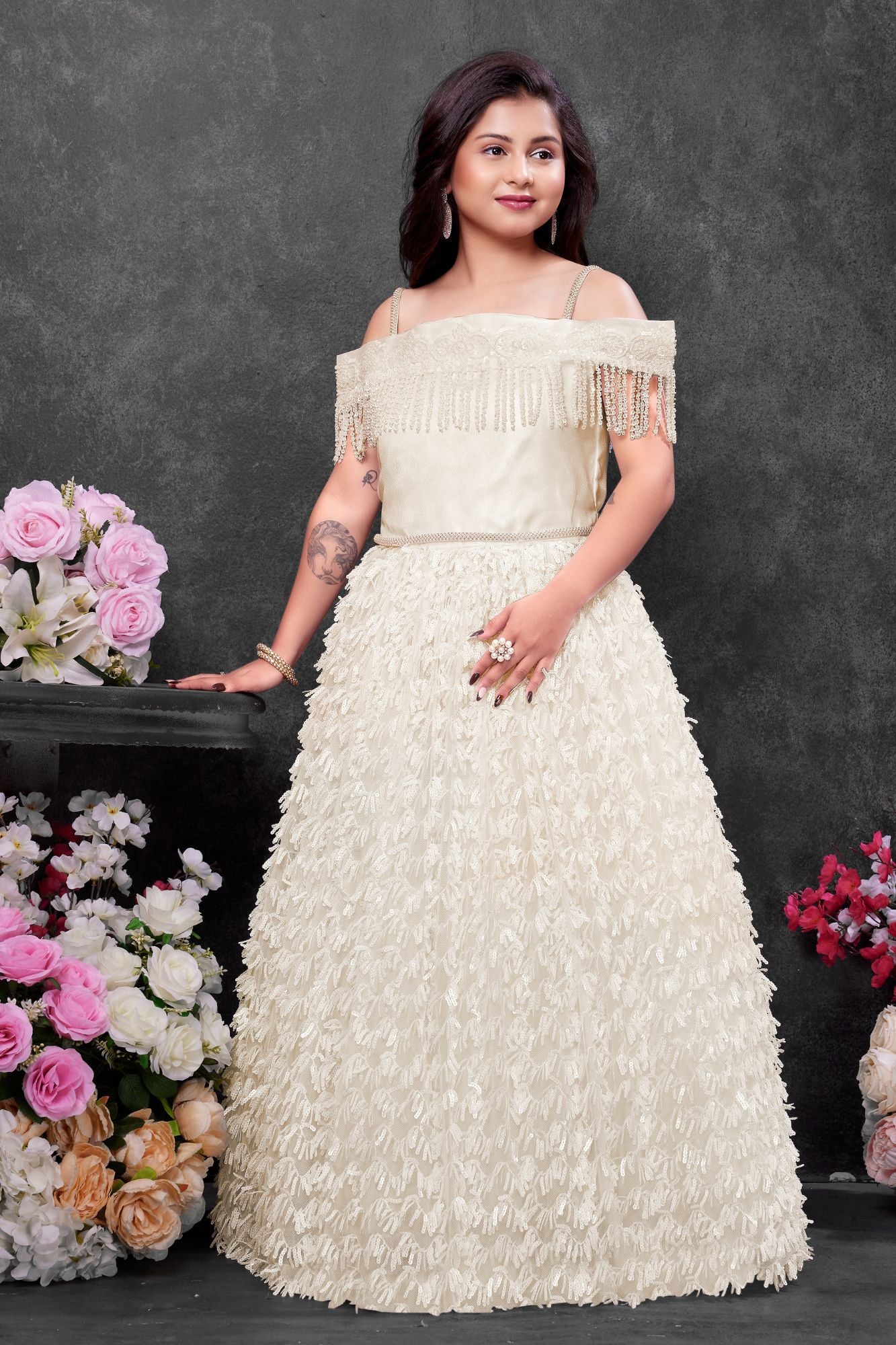 Girls White Off-Shoulder Sequined Party Wear Gown with Fringe And Textured Flared Skirt