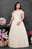 Girls White Off-Shoulder Sequined Party Wear Gown with Fringe And Textured Flared Skirt