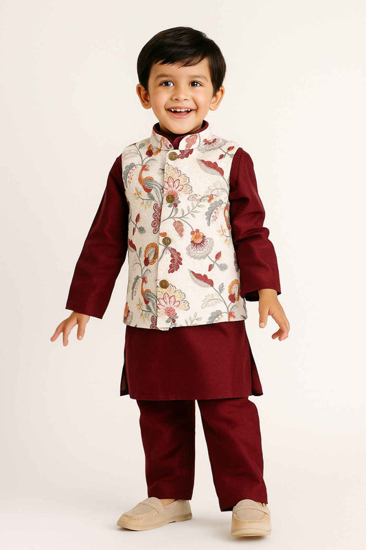 Maroon Kurta Set With Cream Floral Printed And Thread Work Jacket For Boys
