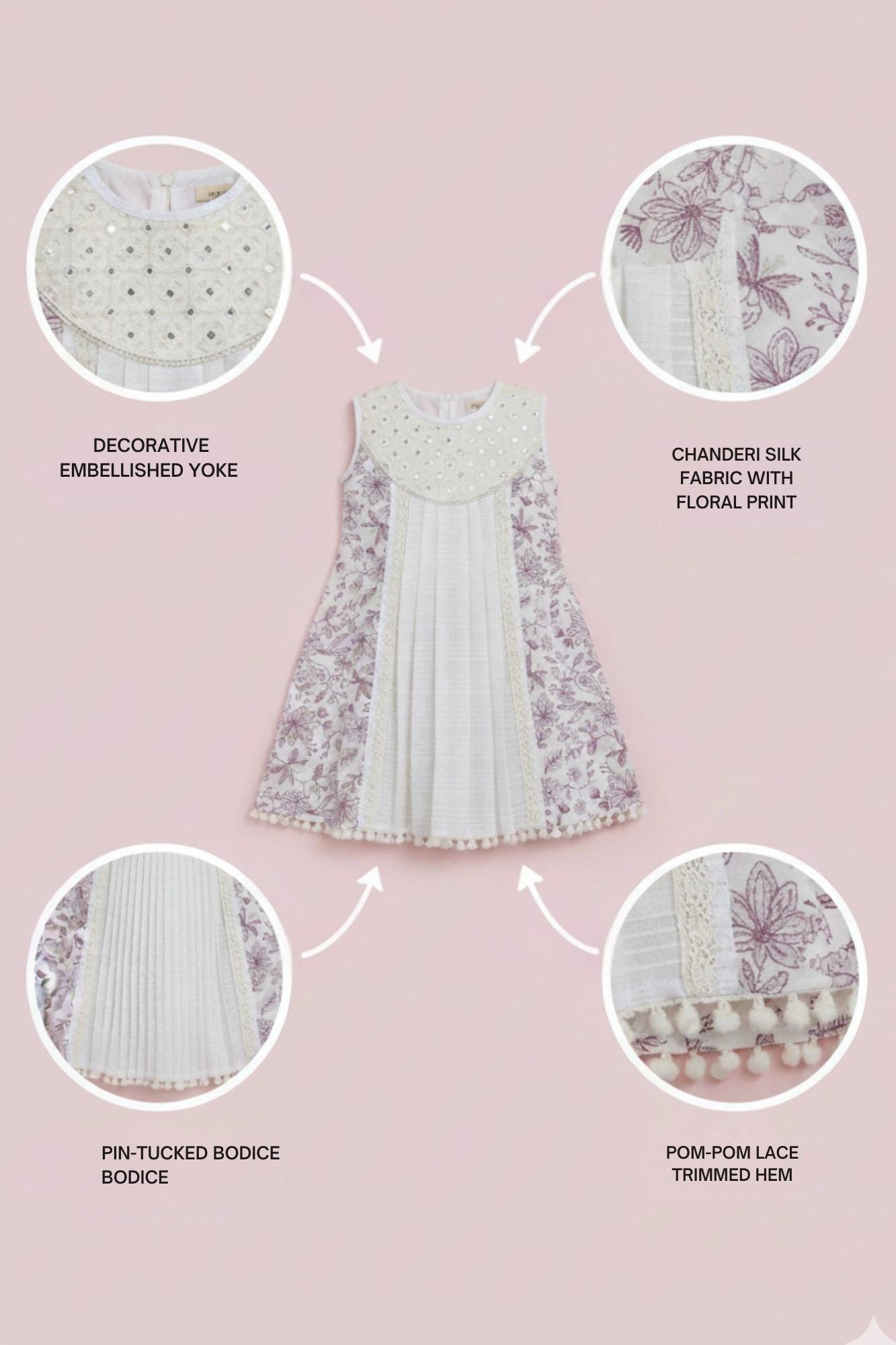 Cream And Lilac Floral Printed Dress with Lace Detailing For Girls