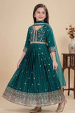 Bottle Green Sequins Work And Zari Embroidered Ethnic Gown For Girls